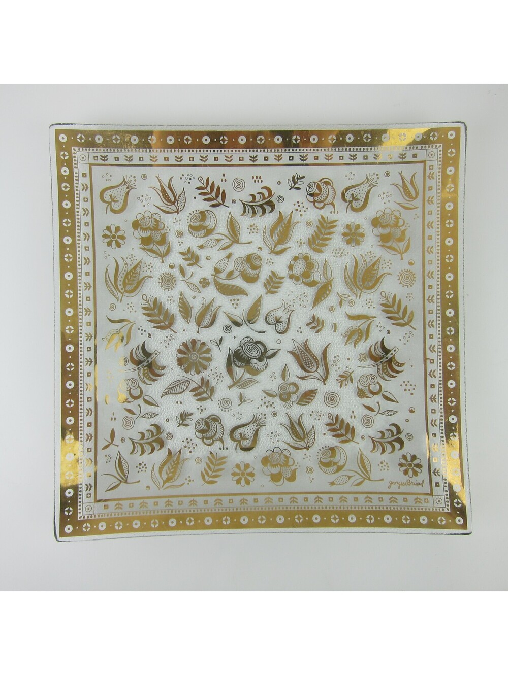Vintage Georges Briard Glass Serving Tray Gold Floral Pattern 1960s MCM Square